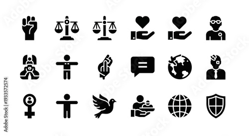 Collection of social justice icons representing equality, freedom, and global unity in a simple, black-and-white illustration style from a straightforward viewpoint