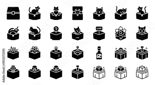 Collection of various black cat icons and gift box illustrations in different styles and variations