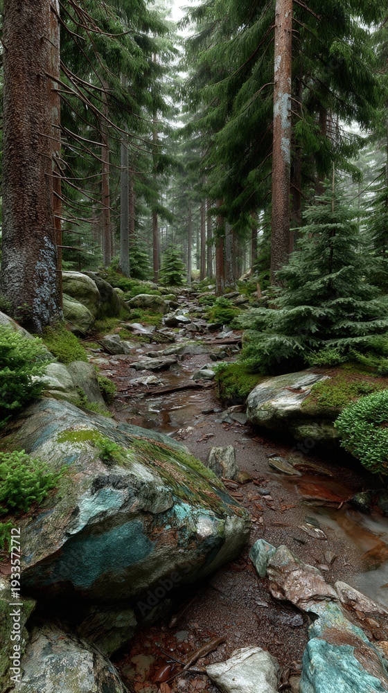 Fototapeta premium Wide angle landscape of ancient forest with sunlight filtering through canopy onto winding stream and mossy rocks in peaceful atmosphere.