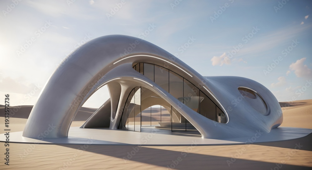 Fototapeta premium Striking curvilinear architecture with innovative design in a remote desert landscape, embodying futuristic vision and modern aesthetics