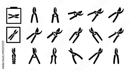 Collection of Pliers Icons in Various Positions and Angles on White Background, Illustrating Different Types and Uses