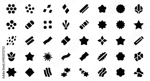 Collection of diverse black icons on a clean background showcasing various shapes and designs from different categories