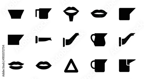 A collection of black silhouettes depicting various objects and facial features on a plain white background