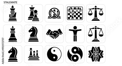 A collection of black symbols representing various abstract concepts and objects on a white background, viewed directly from the front.