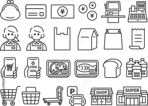 いろいろな、スーパーマーケット関連のアイコン（線画）のイラストセット