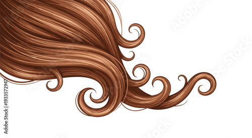 A dynamic close-up of flowing, wavy brown hair with intricate curls and rich tones is isolated against a clean white background.