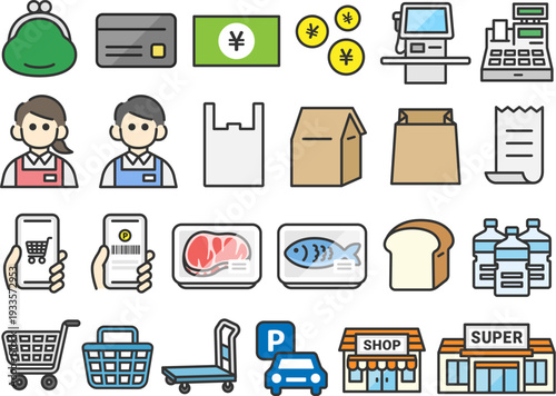 いろいろな、スーパーマーケット関連のアイコン（線画カラー）のイラストセット