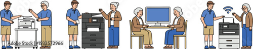 Young technician helping senior office workers with printer maintenance computer setup and wireless networking flat vector illustration