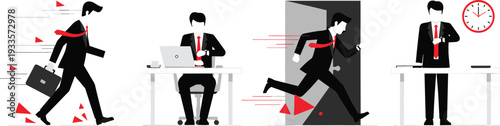 Flat vector illustration set of a professional man in a suit running to work and managing office time