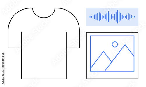 Design concept. A t-shirt, sound wave, and framed landscape outline suggesting design, creativity, and multimedia. Design for branding, merchandise, audio projects multimedia and content creation