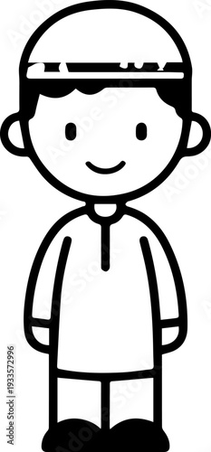 Smiling boy wearing traditional Muslim cap and kurta Black and white vector illustration

