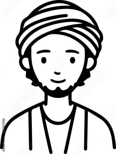 Smiling boy wearing traditional Muslim cap and kurta Black and white vector illustration
