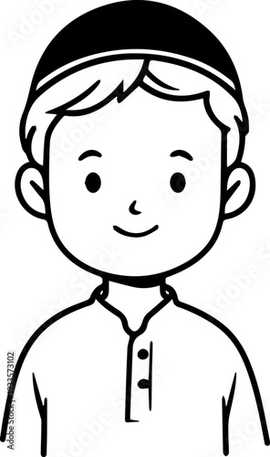 Smiling boy wearing traditional Muslim cap and kurta Black and white vector illustration
