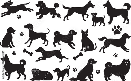 Extensive Collection of Diverse Dog Breed Silhouettes with Paw Prints and Bones for Unique Pet Care and Canine Graphics