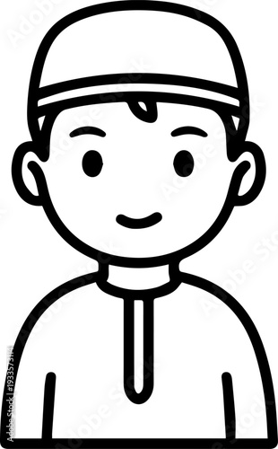 Smiling boy wearing traditional Muslim cap and kurta Black and white vector illustration
