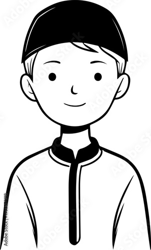Smiling boy wearing traditional Muslim cap and kurta Black and white vector illustration
