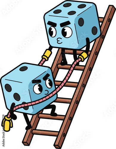 Two blue dice mascot characters helping each other climb a wooden ladder for risk management and business success flat vector illustration