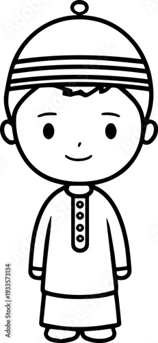 Smiling boy wearing traditional Muslim cap and kurta Black and white vector illustration
