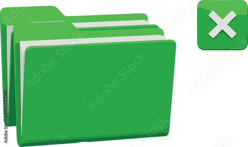 3D style green digital folder icon with paper documents and a green square error cancel close notification button