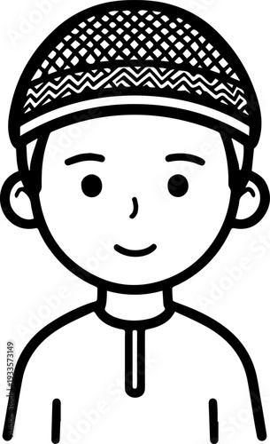 Smiling boy wearing traditional Muslim cap and kurta Black and white vector illustration
