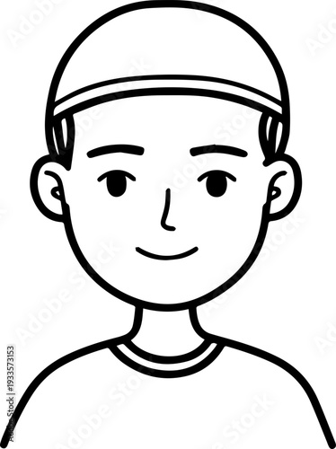 Smiling boy wearing traditional Muslim cap and kurta Black and white vector illustration
