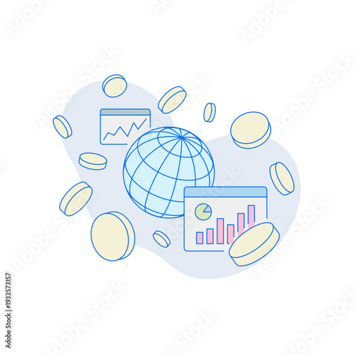 地球とコインとグラフの金融イメージイラスト フラットな投資コンセプト