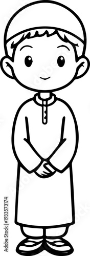 Smiling boy wearing traditional Muslim cap and kurta Black and white vector illustration
