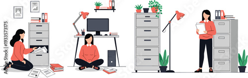 Female office worker character journey organizing files in cabinets and focused on administrative data management flat vector illustration