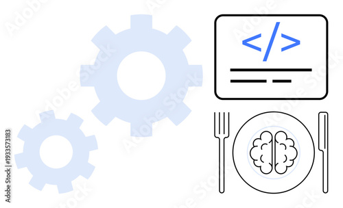 Technology, coding, artificial intelligence, innovation, industry, and learning. Gear symbols, code snippet and a brain on a plate with cutlery. Technology and coding concepts here
