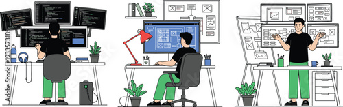 Male software engineer character journey from coding with multiple monitors to system architecture and project presentation flat vector illustration