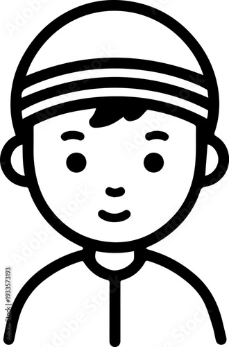 Smiling boy wearing traditional Muslim cap and kurta Black and white vector illustration
