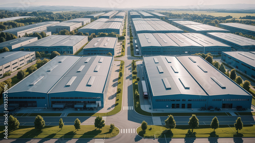 Industrial complex with warehouses in rural landscape.