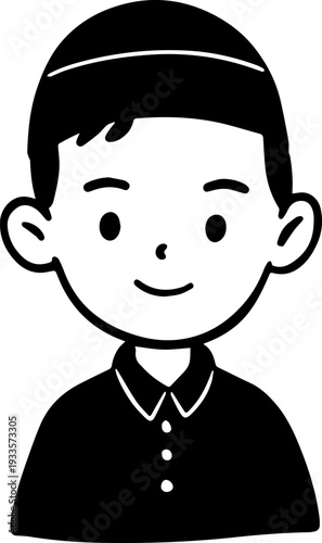Smiling boy wearing traditional Muslim cap and kurta Black and white vector illustration
