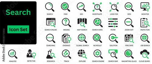 Silhouette vector of search icon set. Search icon set. Containing magnifying glass, find, research, SEO and investigate icons. Solid icon collection. Vector illustration.