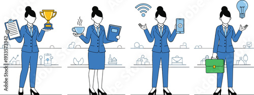 Successful businesswoman character milestones showing achievement with trophy holding coffee and book using technology and finding ideas flat vector illustration