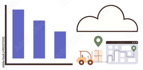 Supply chain, logistics management, data analysis, cloud storage, delivery tracking, inventory control. A bar graph, cloud symbol and delivery process illustration. Supply chain and logistics