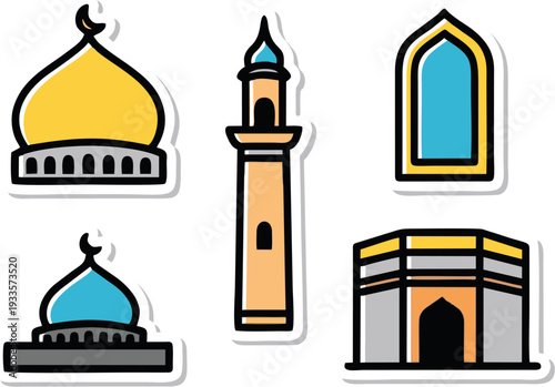 Islamic Religious Symbols Cartoon Style Vector Set of Mosque Dome Minaret and Kaaba