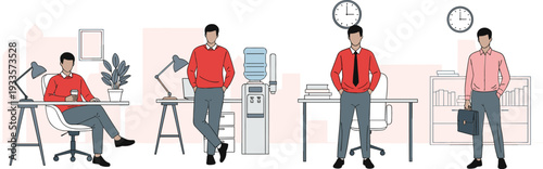 Flat vector character set of a professional male office worker standing by desk water cooler and office furniture