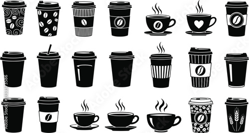 Set of Coffee Paper Cup and Ceramic Mug Icons Featuring Coffee Bean Designs, Steaming Hot Beverages, To-Go Lids, and Espresso Cups