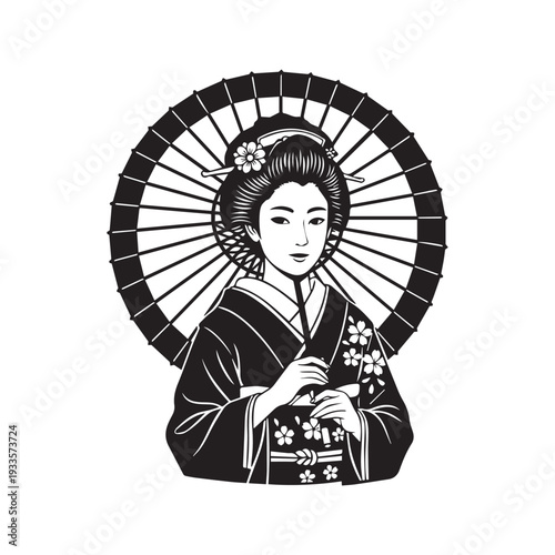 Black and white vector portrait of a traditional Japanese geisha in a kimono holding a paper umbrella
