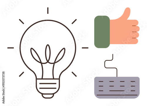 Creativity, decision-making, teamwork, innovation, approval, technology. ion of a light bulb, thumbs-up gesture and keyboard. Creativity and decision-making visuals concept