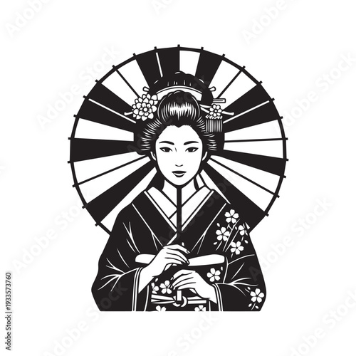 Black and white vector portrait of a traditional Japanese geisha in a kimono holding a paper umbrella
