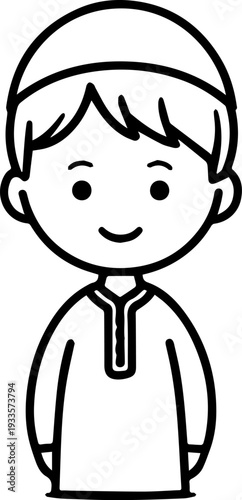 Smiling boy wearing traditional Muslim cap and kurta Black and white vector illustration
