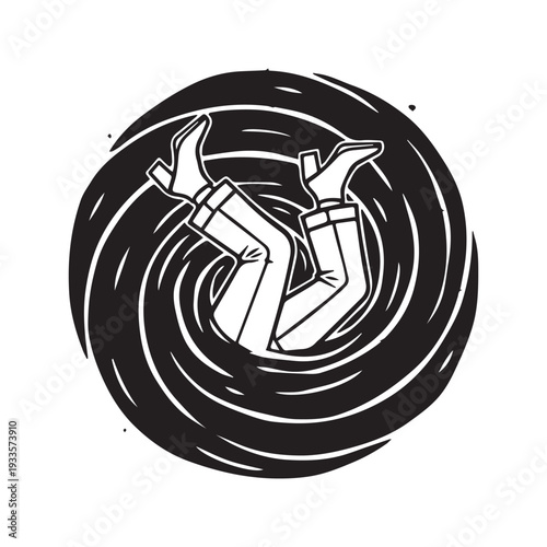 Retro black and white cartoon illustration of a person falling headfirst into a black hole with only legs showing, concept of trap or failure