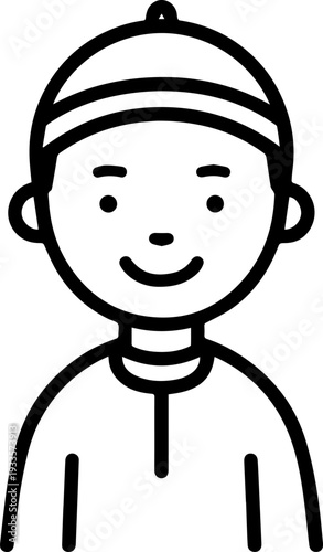 Smiling boy wearing traditional Muslim cap and kurta Black and white vector illustration

