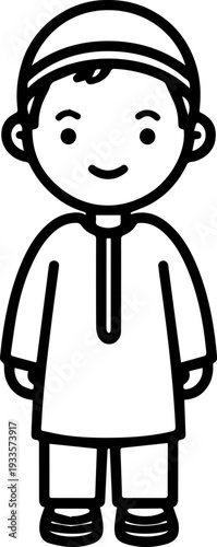Smiling boy wearing traditional Muslim cap and kurta Black and white vector illustration
