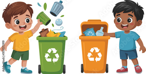 Kids recycling waste, children sorting trash in recycle bins, environmental education, eco friendly cartoon illustration vector design