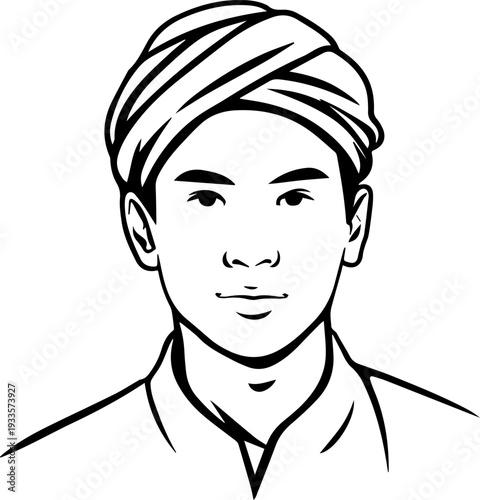 Smiling boy wearing traditional Muslim cap and kurta Black and white vector illustration
