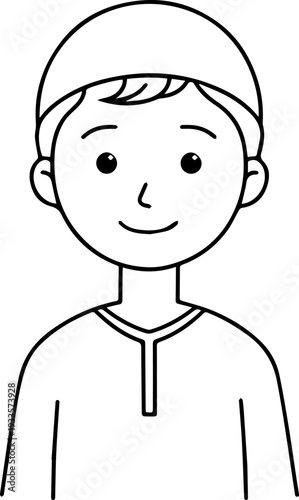 Smiling boy wearing traditional Muslim cap and kurta Black and white vector illustration
