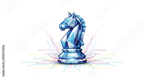 A blue faceted low-poly chess knight stands centrally on a clean white background with colorful circuit lines emanating from its base.